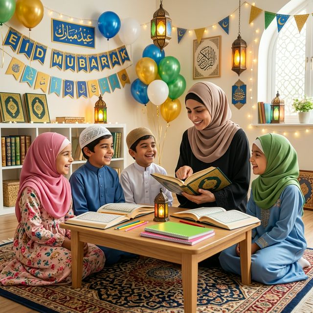 Muslim children celebrating Eid with Quranic values