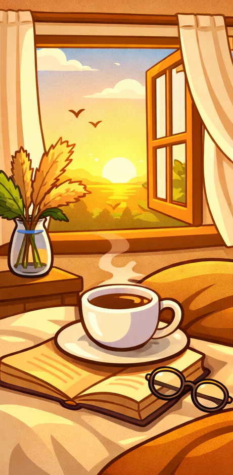 ناشتے کی میز، کتاب اور کھڑکی سے آتا سورج کا نور