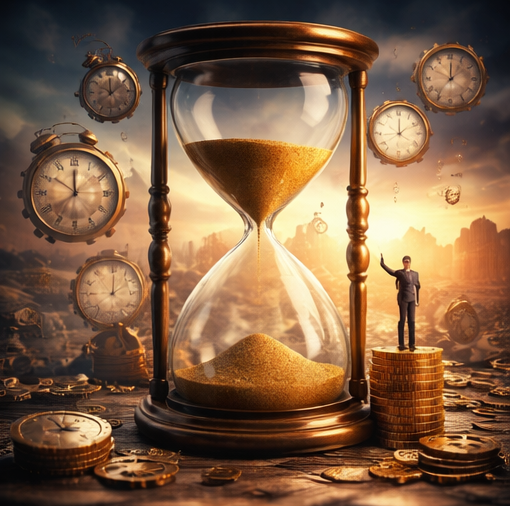 وقت کی اہمیت کو سمجھاتا ایک شخص جو ریت گھڑی کے سامنے کھڑا ہے
